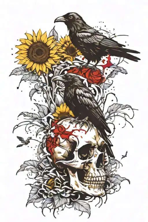 Crow Sitting On Human Skull Surrounded By Sunflowers