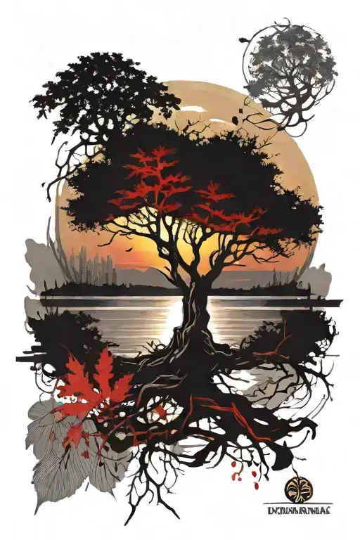 Yggdrasil With Leaves Sunset Over Lake