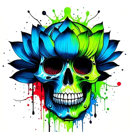 Blue Lotus Flower On Green Multicolored Sugar Skull
