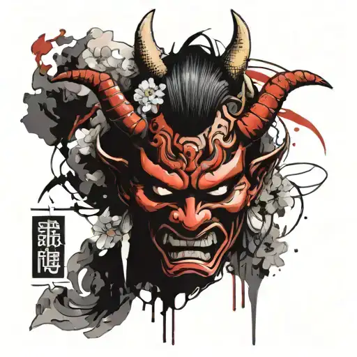 Japanese Oni Mask With Lotus Flowers