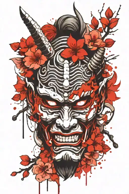 Japanese Samurai Oni Mask Surrounded With Sakura Flowers