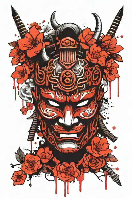 Japanese Samurai Hanya Oni Mask Surrounded With Sakura Flowers