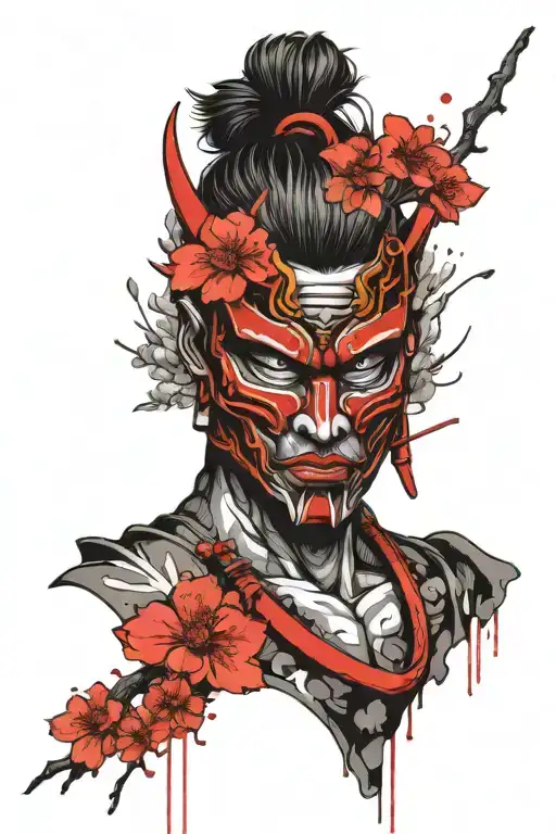 Japanese Samurai Hanya Oni Mask Surrounded With Sakura Tree And Flowers