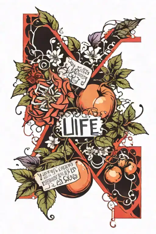 Ivy In The Shape Of The Word Life With Violets Growing Out Of It And A Single Peach Fruit