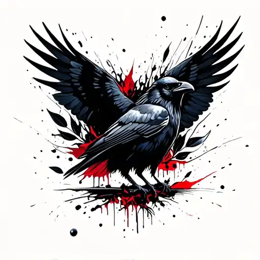 A Crow With Outstretched Wings Surrounded By Black Wkiats And Leaves