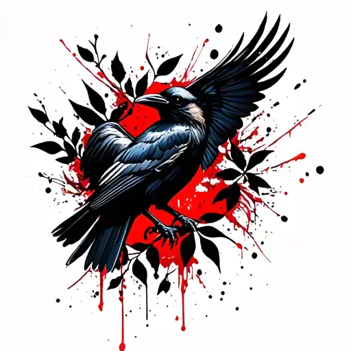 A Crow With Outstretched Wings Surrounded By Black Wkiats And Leaves