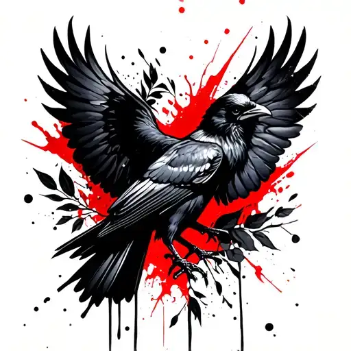 A Crow With Outstretched Wings Surrounded By Black Wkiats And Leaves