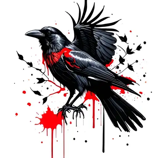 A Crow With Outstretched Wings Surrounded By Black Wkiats And Leaves