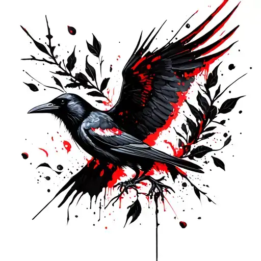 A Crow With Outstretched Wings Surrounded By Black Wkiats And Leaves
