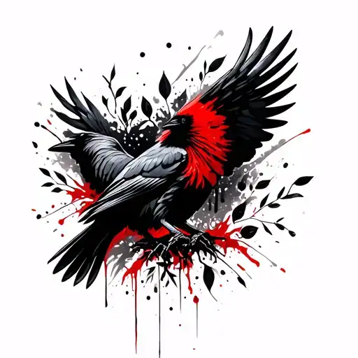 A Crow With Outstretched Wings Surrounded By Black Wkiats And Leaves