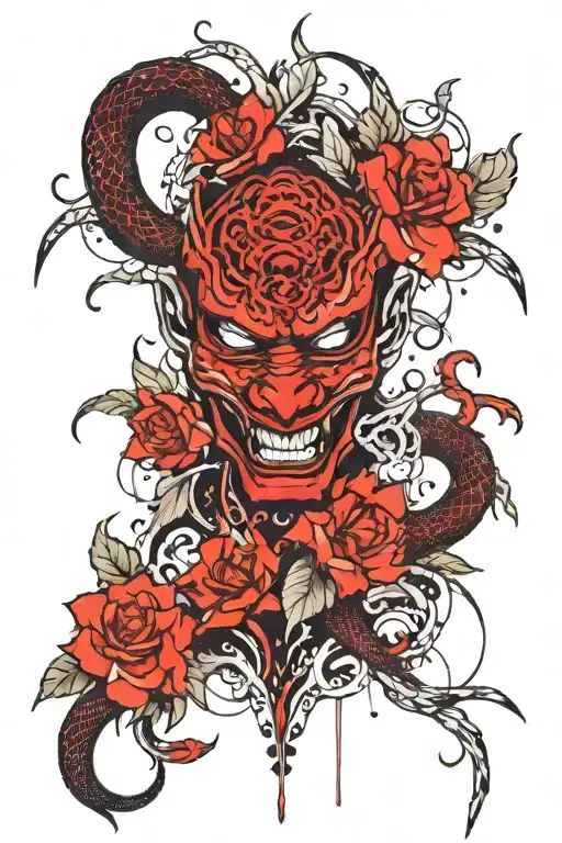 Oni Mask Snake Flowers Surrounding