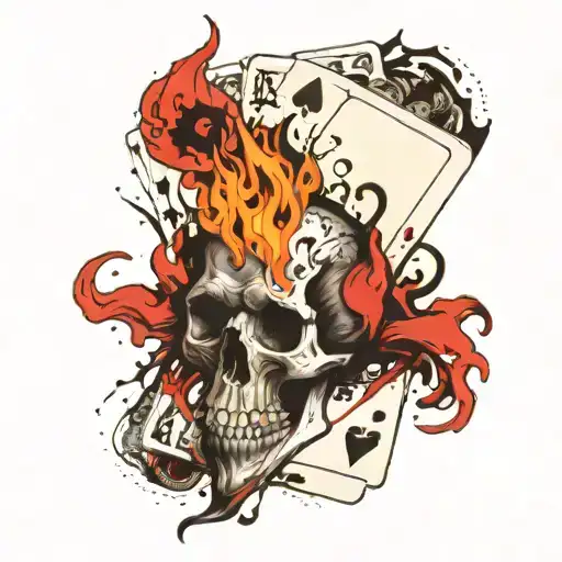 Black Jack Cards Surrounded By Flame Behind Ram Skull