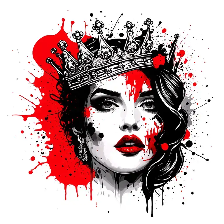 Women's Face With Crown On A Side With Red Lips Tattoo