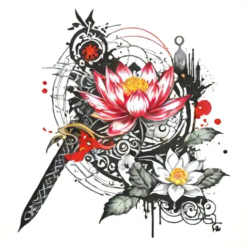 Sword And Scale With A Sunrise A Gre Lotus Flower Blooming