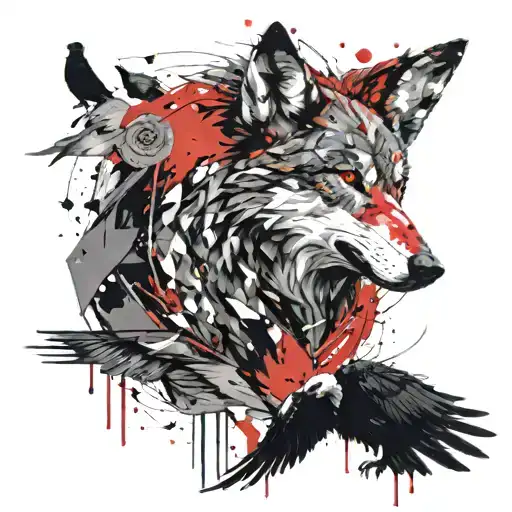 Head Of Wolf Howling In Profile And Two Ravens Around