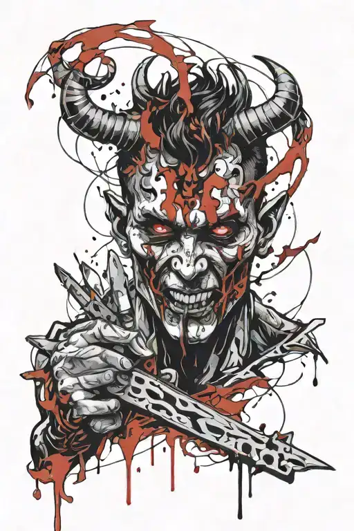 The Devil With A Knife In His Mouth And Fire In His Hand