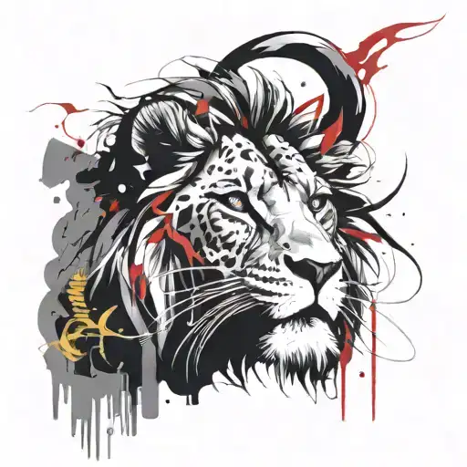 Smoking Lion Face Looking Straight Snakes Wrapped Around Symetrical