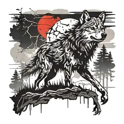 Wolf Shadow On Cliff With Red Moon And Lightning Bolts Pine Trees