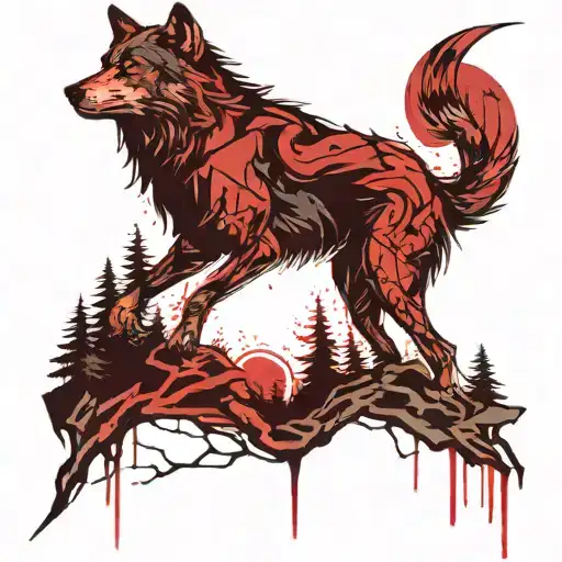 Wolf Shadow On Cliff Wolf Is Small With Red Moon And Lightning Bolts Pine Trees