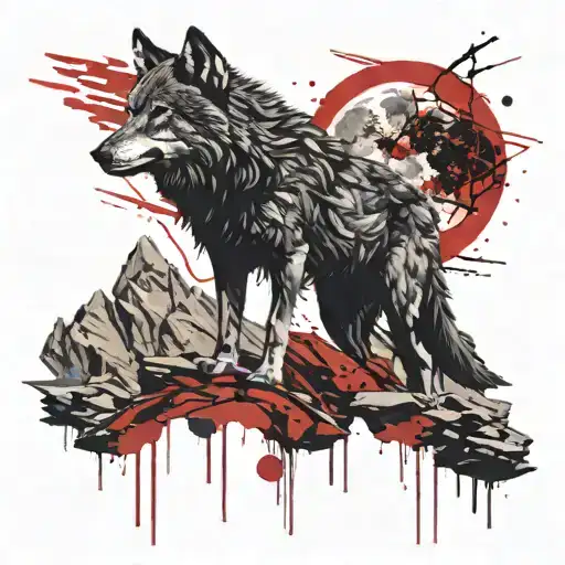 Small Wolf All Black On Cliff With Red Moon