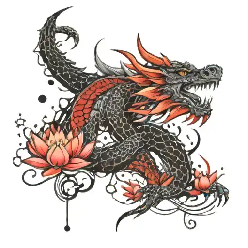 Dragon Outline With Lotus Flower And Stars