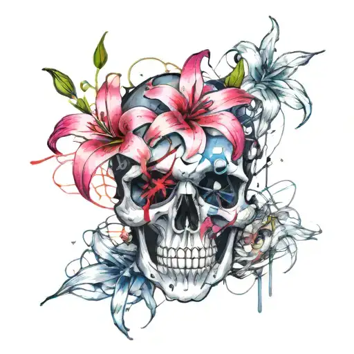 Skull With Three Lilies Blue Pink Purple Flowers