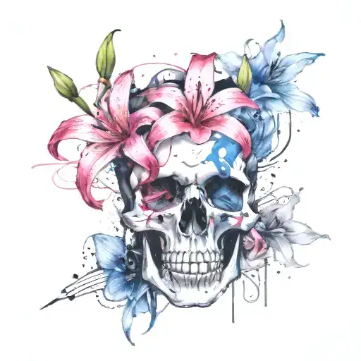 Skull With Three Lilies Blue Pink Purple Flowers