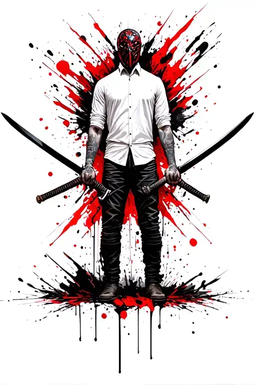 Man With White Shirt Standing Backwards With Sword And Mask In Hands