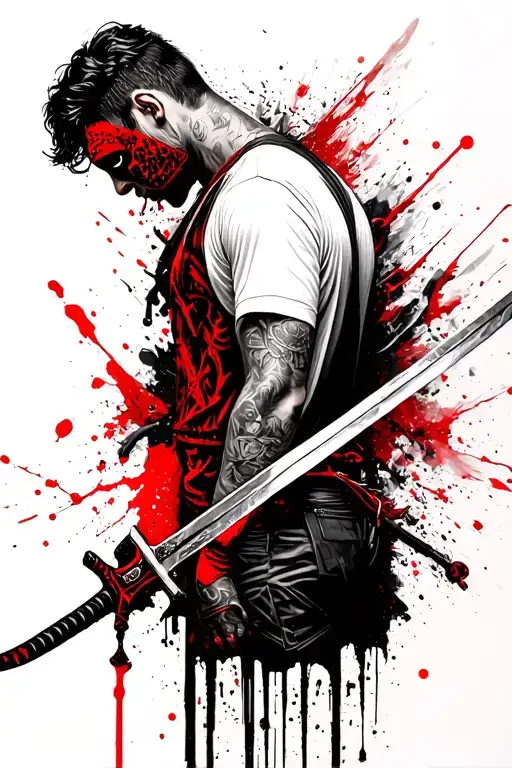 Man With White Shirt Standing Backwards With Sword And Mask In Hands