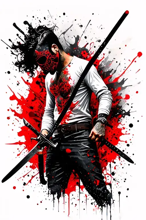 Man With White Shirt Standing Backwards With Sword And Mask In Hands