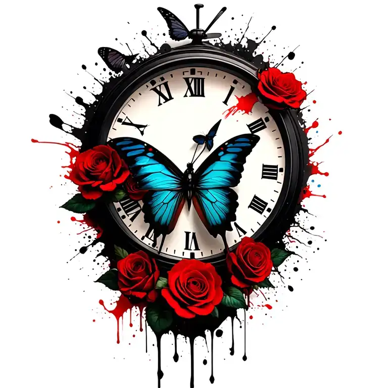 Butterflies With A Clock And Roses Wrapped