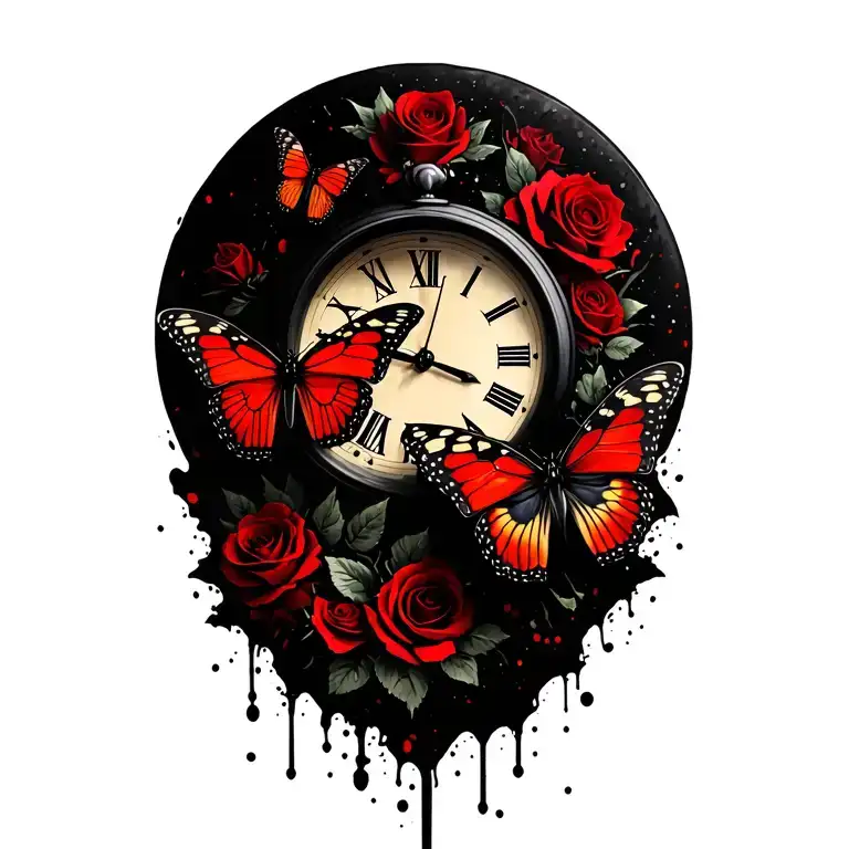 Butterflies With A Clock And Roses Wrapped Big Sleeve