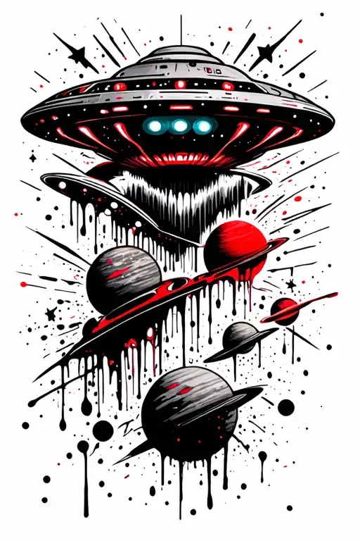 Ufo In The Sky With Stars And Planets