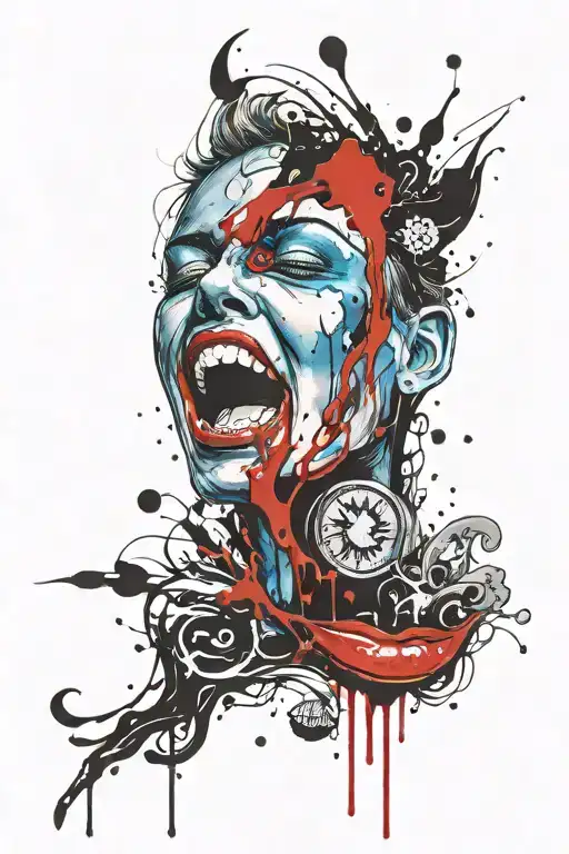 Blue Mouth With Black Flames And Coin Inside Of It