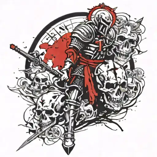 A Knight With A Sword Shield And Skulls
