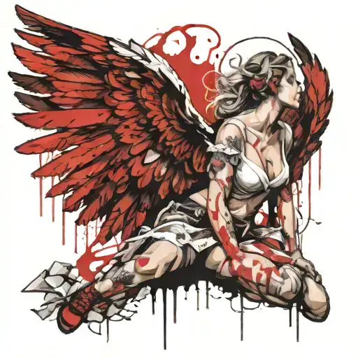 The Wings Of An Angel Who Stands On One Knee Are Burning