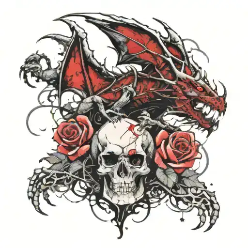 Dragon Holding A Skull And Roses With A Spider