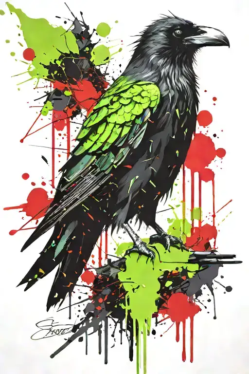 Raven With Bright Green Colors Instead Of Red