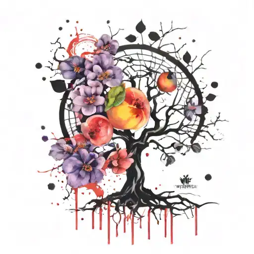Violets With A Tree Of Life Intertwined And One Peach