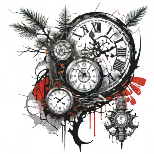 Tattoo With Pine Tree Mixed With Clock In Roman Numerals And Reddish Details