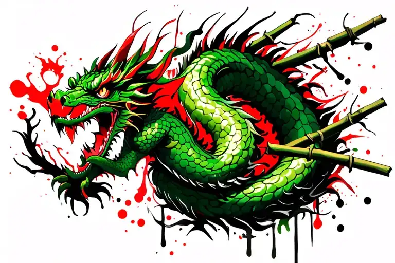 Green Dragon Coiling Around Bamboo