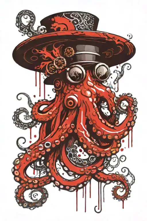 Octopus With Tentacles Straight Down Wearing A Top Hat