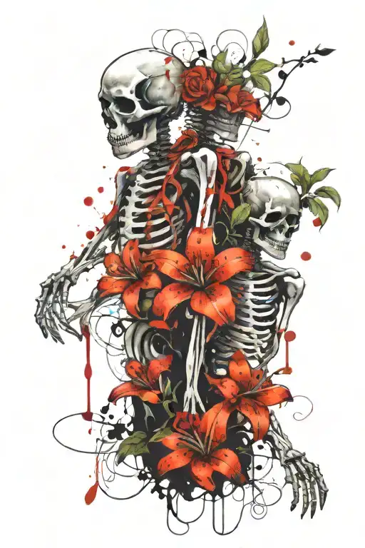 Male And Female Skeletons Holding Each Other Tightly With Lilies Around