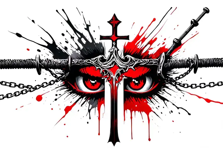 Sword Piercing With Anime Eyes Reflection Chains Religious Cross