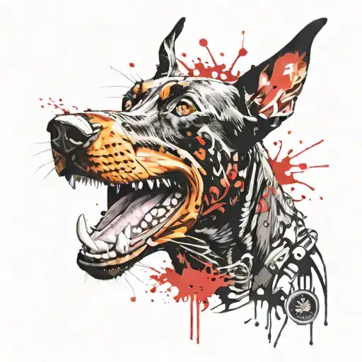 Scary Doberman Staring Menacingly Baring Teeth Black Shaded