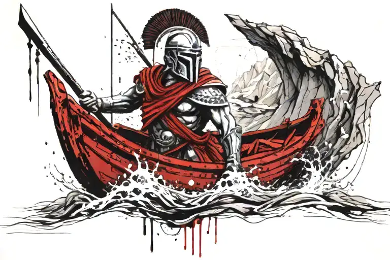 Spartan Warrior Statue With Japanese Sword In A Boat Looking Out From The Cave