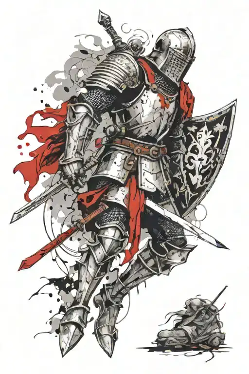 A Medieval Knight On Foot With A Guardian Angel Watching His Back