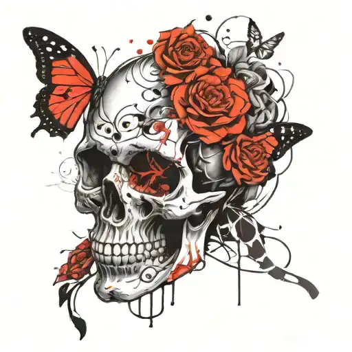 Female Skull With Roses And Butterfly Wings