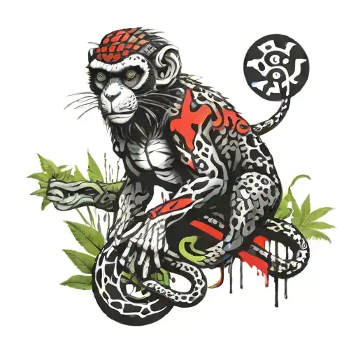 Snake And Nervous King Monkey In The Jungle