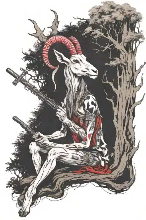 A Mythical Goat Forest Creature Playing A Flute Under A Majestic Forest Tree